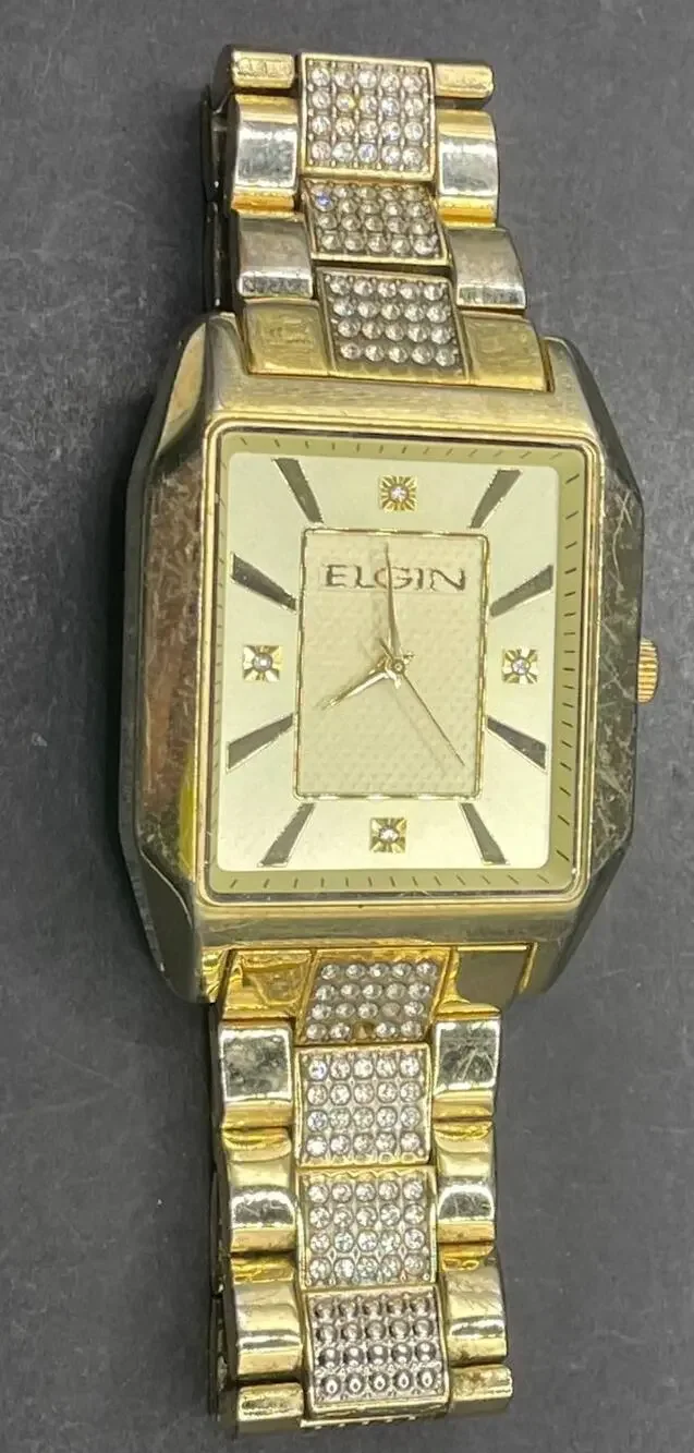 Elgin FG9754ST Mens Gold Tone Crystal Rhinestone Rectangular Wrist Watch